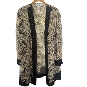 Le Bos Women's Black & Cream Floral Print Embellished Sheer Longline Topper 16W